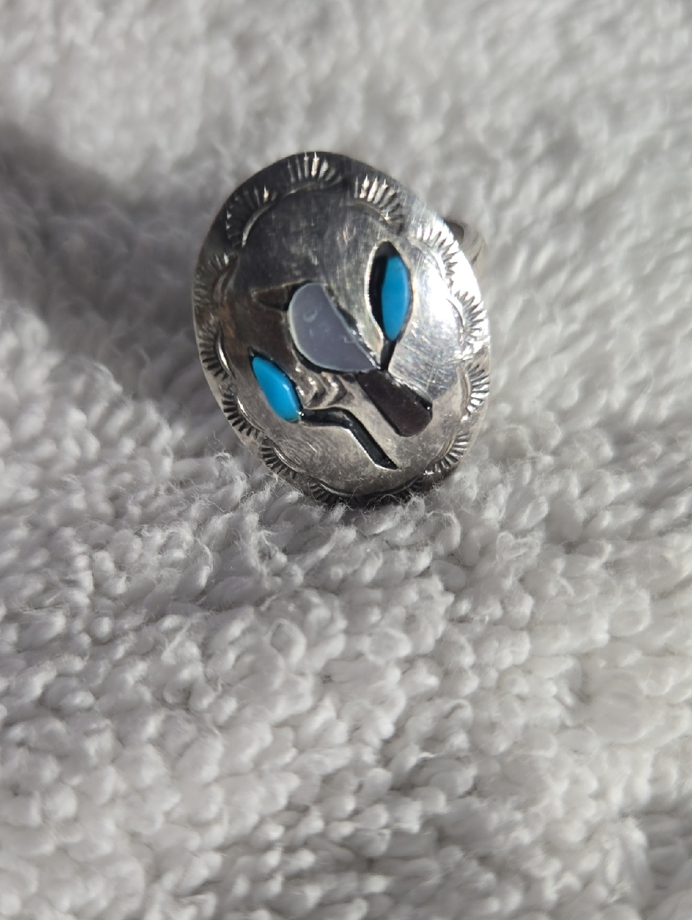 Native Homemade Sterling Silver Turquoise Floral Inlay Ring - Blue